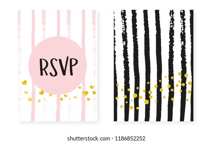 Gold glitter dots with sequins. Wedding and bridal shower invitation cards set with confetti. Vertical stripes background. Retro gold glitter dots for party, event, save the date flyer.