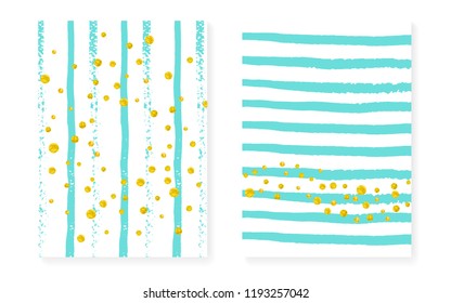 Gold glitter dots with sequins. Wedding and bridal shower invitation cards set with confetti. Vertical turquoise stripes background. Stylish gold glitter dots for party, event, save the date flyer