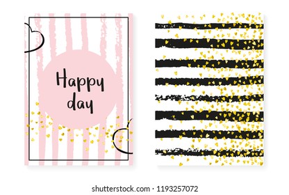Gold glitter dots with sequins. Wedding and bridal shower invitation cards set with confetti. Vertical stripes background. Elegant gold glitter dots for party, event, save the date flyer.