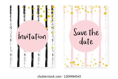 Gold glitter dots with sequins. Wedding and bridal shower invitation cards set with confetti. Vertical stripes background. Luxury gold glitter dots for party, event, save the date flyer.