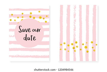 Gold glitter dots with sequins. Wedding and bridal shower invitation cards set with confetti. Vertical stripes background. Trendy gold glitter dots for party, event, save the date flyer.