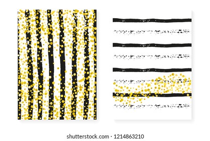Gold glitter dots with sequins. Wedding and bridal shower invitation cards set with confetti. Vertical stripes background. Vintage gold glitter dots for party, event, save the date flyer.