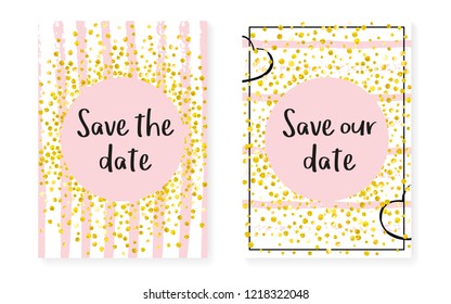 Gold glitter dots with sequins. Wedding and bridal shower invitation cards set with confetti. Vertical stripes background. Elegant gold glitter dots for party, event, save the date flyer.