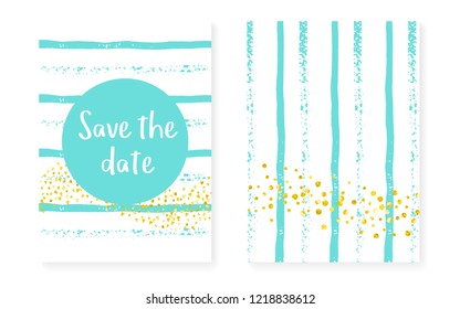 Gold glitter dots with sequins. Wedding and bridal shower invitation cards set with confetti. Vertical stripes background. Elegant gold glitter dots for party, event, save the date flyer.