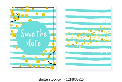 Gold glitter dots with sequins. Wedding and bridal shower invitation cards set with confetti. Vertical turquoise stripes background. Tender gold glitter dots for party, event, save the date flyer
