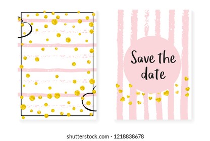 Gold glitter dots with sequins. Wedding and bridal shower invitation cards set with confetti. Vertical stripes background. Creative gold glitter dots for party, event, save the date flyer.