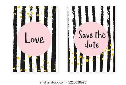 Gold glitter dots with sequins. Wedding and bridal shower invitation cards set with confetti. Vertical stripes background. Creative gold glitter dots for party, event, save the date flyer.