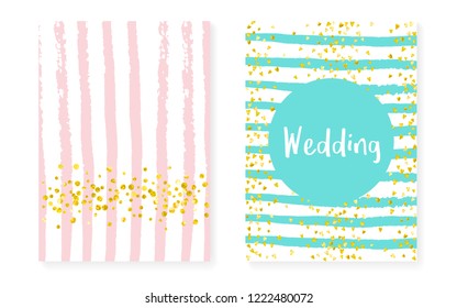 Gold glitter dots with sequins. Wedding and bridal shower invitation cards set with confetti. Vertical stripes background. Hipster gold glitter dots for party, event, save the date flyer.