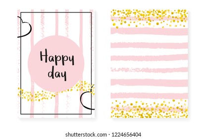 Gold glitter dots with sequins. Wedding and bridal shower invitation cards set with confetti. Vertical stripes background. Trendy gold glitter dots for party, event, save the date flyer.