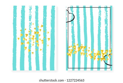 Gold glitter dots with sequins. Wedding and bridal shower invitation cards set with confetti. Vertical mint stripes background. Vintage gold glitter dots for party, event, save the date flyer
