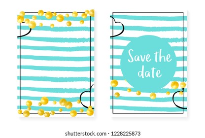 Gold glitter dots with sequins. Wedding and bridal shower invitation cards set with confetti. Vertical turquoise stripes background. Creative gold glitter dots for party, event, save the date flyer