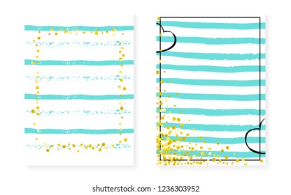 Gold glitter dots with sequins. Wedding and bridal shower invitation cards set with confetti. Vertical turquoise stripes background. Stylish gold glitter dots for party, event, save the date flyer