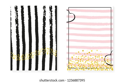 Gold glitter dots with sequins. Wedding and bridal shower invitation cards set with confetti. Vertical stripes background. Stylish gold glitter dots for party, event, save the date flyer.