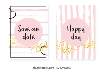 Gold glitter dots with sequins. Wedding and bridal shower invitation cards set with confetti. Vertical stripes background. Vintage gold glitter dots for party, event, save the date flyer.