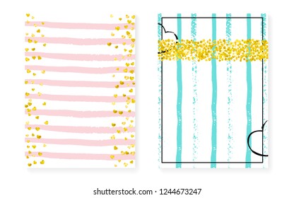 Gold glitter dots with sequins. Wedding and bridal shower invitation cards set with confetti. Vertical stripes background. Hipster gold glitter dots for party, event, save the date flyer.
