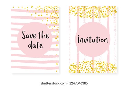 Gold glitter dots with sequins. Wedding and bridal shower invitation cards set with confetti. Vertical stripes background. Hipster gold glitter dots for party, event, save the date flyer.