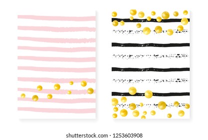 Gold glitter dots with sequins. Wedding and bridal shower invitation cards set with confetti. Vertical stripes background. Elegant gold glitter dots for party, event, save the date flyer.