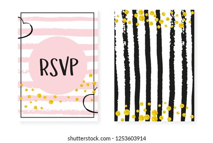 Gold glitter dots with sequins. Wedding and bridal shower invitation cards set with confetti. Vertical stripes background. Tender gold glitter dots for party, event, save the date flyer.