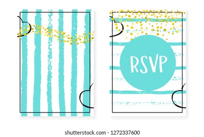 Gold glitter dots with sequins. Wedding and bridal shower invitation cards set with confetti. Vertical stripes background. Creative gold glitter dots for party, event, save the date flyer.