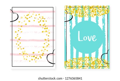 Gold glitter dots with sequins. Wedding and bridal shower invitation cards set with confetti. Vertical stripes background. Luxury gold glitter dots for party, event, save the date flyer.