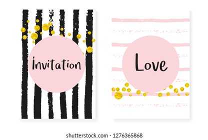 Gold glitter dots with sequins. Wedding and bridal shower invitation cards set with confetti. Vertical stripes background. Stylish gold glitter dots for party, event, save the date flyer.