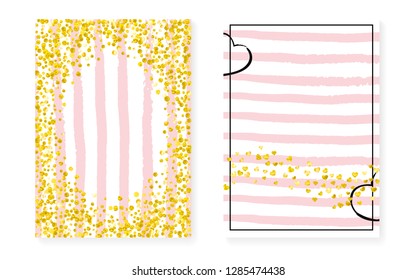 Gold glitter dots with sequins. Wedding and bridal shower invitation cards set with confetti. Vertical stripes background. Luxury gold glitter dots for party, event, save the date flyer.