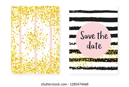 Gold glitter dots with sequins. Wedding and bridal shower invitation cards set with confetti. Vertical stripes background. Elegant gold glitter dots for party, event, save the date flyer.