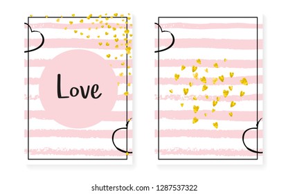 Gold glitter dots with sequins. Wedding and bridal shower invitation cards set with confetti. Vertical stripes background. Retro gold glitter dots for party, event, save the date flyer.