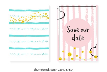 Gold glitter dots with sequins. Wedding and bridal shower invitation cards set with confetti. Vertical stripes background. Fashion gold glitter dots for party, event, save the date flyer.