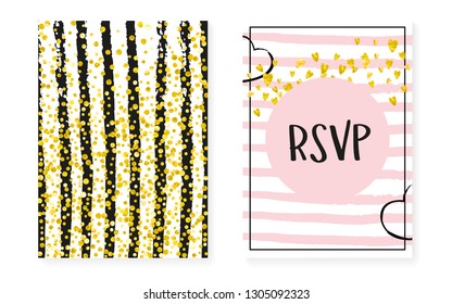 Gold glitter dots with sequins. Wedding and bridal shower invitation cards set with confetti. Vertical stripes background. Vintage gold glitter dots for party, event, save the date flyer.