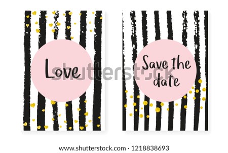 Gold glitter dots with sequins. Wedding and bridal shower invitation cards set with confetti. Vertical stripes background. Creative gold glitter dots for party, event, save the date flyer.