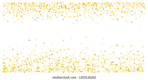 Gold glitter dots, sparkling abstract golden tinsel background, metal christmas confetti falling. light magic shining Flying particles, sparkle vector border backdrop. shimmer shiny halftone