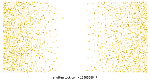 Gold glitter dots, sparkling abstract golden tinsel background, metal christmas confetti falling. light magic shining Flying particles, sparkle vector border backdrop. shimmer shiny halftone