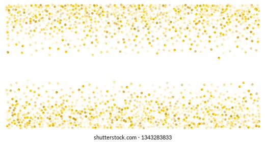 Gold glitter dots, sparkling abstract golden tinsel background, metal christmas confetti falling. light magic shining Flying particles, sparkle vector border backdrop. shimmer shiny halftone