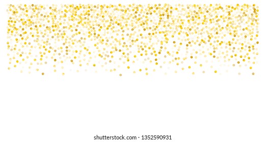 Gold glitter dots, sparkling abstract golden tinsel background, metal christmas confetti falling. light magic shining Flying particles, sparkle vector border backdrop. shimmer shiny halftone
