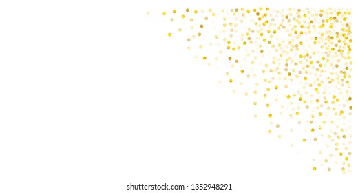 Gold glitter dots, sparkling abstract golden tinsel background, metal christmas confetti falling. light magic shining Flying particles, sparkle vector border backdrop. shimmer shiny halftone