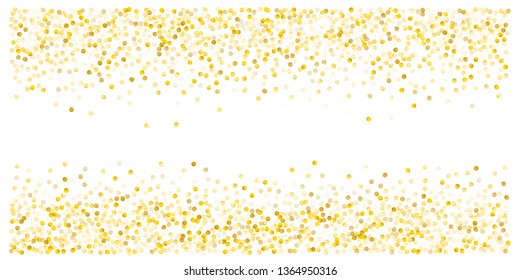 Gold glitter dots, sparkling abstract golden tinsel background, metal christmas confetti falling. light magic shining Flying particles, sparkle vector border backdrop. shimmer shiny halftone