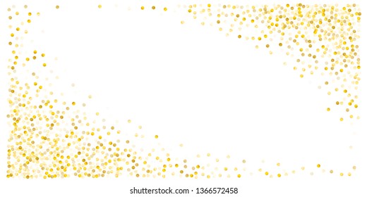 Gold glitter dots, sparkling abstract golden tinsel background, metal christmas confetti falling. light magic shining Flying particles, sparkle vector border backdrop. shimmer shiny halftone