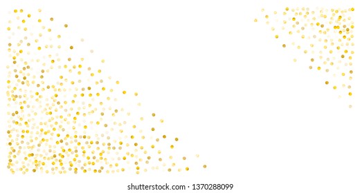 Gold glitter dots, sparkling abstract golden tinsel background, metal christmas confetti falling. light magic shining Flying particles, sparkle vector border backdrop. shimmer shiny halftone