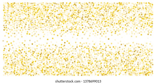 Gold glitter dots, sparkling abstract golden tinsel background, metal christmas confetti falling. light magic shining Flying particles, sparkle vector border backdrop. shimmer shiny halftone
