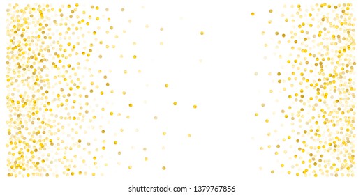 Gold glitter dots, sparkling abstract golden tinsel background, metal christmas confetti falling. light magic shining Flying particles, sparkle vector border backdrop. shimmer shiny halftone