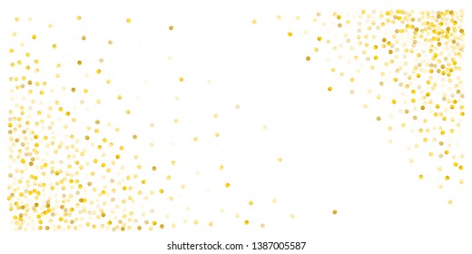 Gold glitter dots, sparkling abstract golden tinsel background, metal christmas confetti falling. light magic shining Flying particles, sparkle vector border backdrop. shimmer shiny halftone