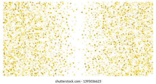 Gold glitter dots, sparkling abstract golden tinsel background, metal christmas confetti falling. light magic shining Flying particles, sparkle vector border backdrop. shimmer shiny halftone