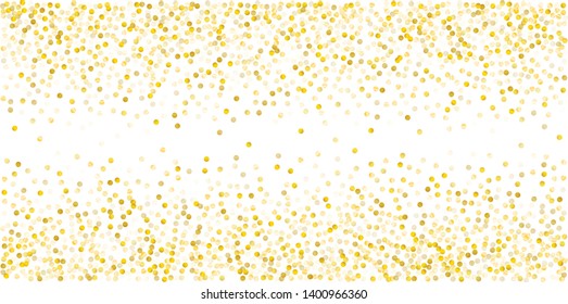 Gold glitter dots, sparkling abstract golden tinsel background, metal christmas confetti falling. light magic shining Flying particles, sparkle vector border backdrop. shimmer shiny halftone