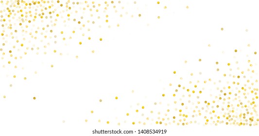 Gold glitter dots, sparkling abstract golden tinsel background, metal christmas confetti falling. light magic shining Flying particles, sparkle vector border backdrop. shimmer shiny halftone