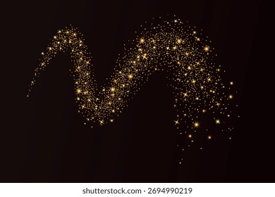 Gold Glitter Staubband Element. Schimmer Spray-Effekt für Weihnachtsfeier. Glänzende Konfetti, Sternenstaub leichte Pulver Textur. Festliche Teilchen einzeln auf dunklem Hintergrund. Vektorgrafik.