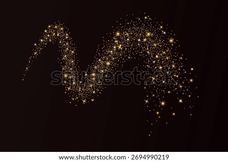 Gold glitter dust ribbon element. Shimmer spray effect for Christmas celebration. Shiny confetti, stardust light powder texture. Festive particles isolated on dark background. Vector illustration.