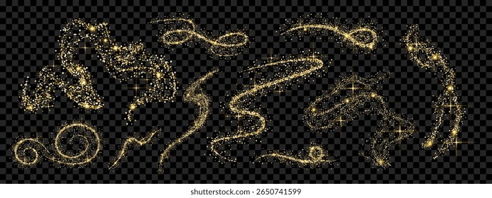 Polvo de brillo dorado. Conjunto de espirales y senderos dorados luminosos. Efectos de luz brillante y partículas brillantes