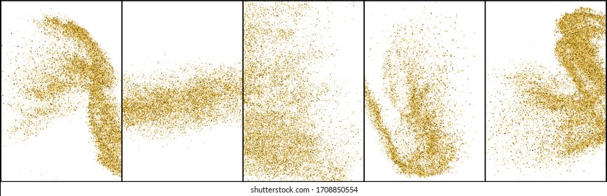 Gold glitter dust sparkle particle spray splash wave texture white background set collection vector illustration golden shimmer shine abstract design