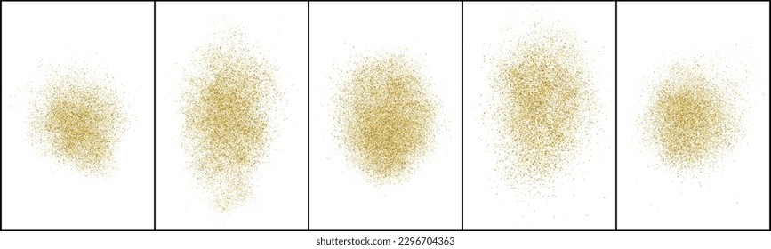 Gold glitter dust sparkle particle spray splash wave texture white background set collection vector illustration golden shimmer shine abstract design